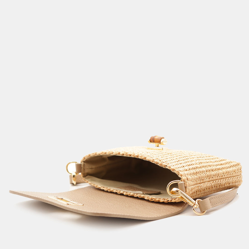 Borsa Clutch a Spalla VIAVERDI in Rafia e Pelle Taupe Made in Italy linea Volterra