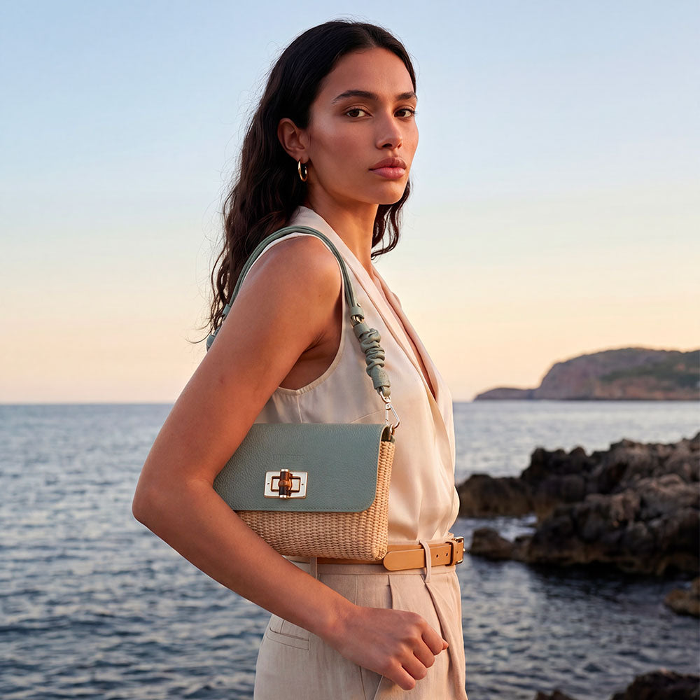 Borsa Clutch a Spalla VIAVERDI in Rafia e Pelle Verde Menta Made in Italy linea Volterra