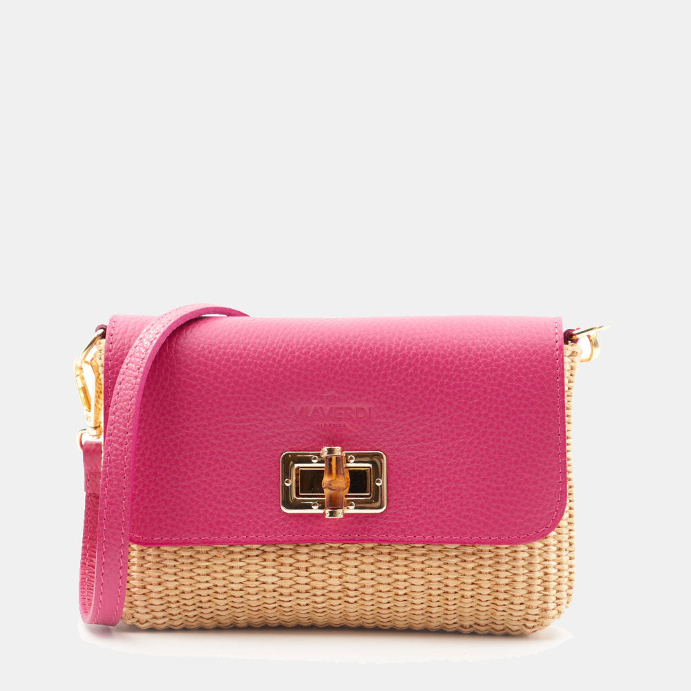 Borsa Clutch a Spalla VIAVERDI in Rafia e Pelle Fucsia Made in Italy linea Volterra