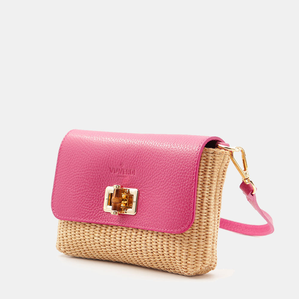 Borsa Clutch a Spalla VIAVERDI in Rafia e Pelle Fucsia Made in Italy linea Volterra