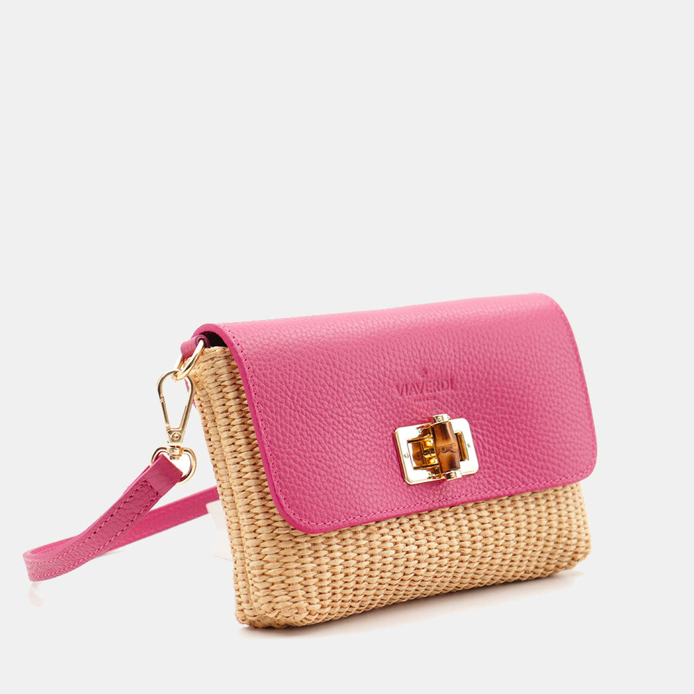 Borsa Clutch a Spalla VIAVERDI in Rafia e Pelle Fucsia Made in Italy linea Volterra
