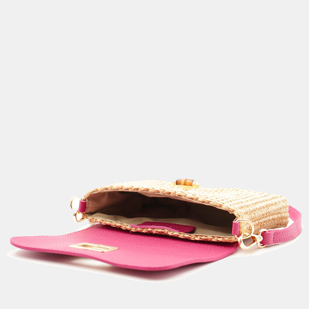Borsa Clutch a Spalla VIAVERDI in Rafia e Pelle Fucsia Made in Italy linea Volterra