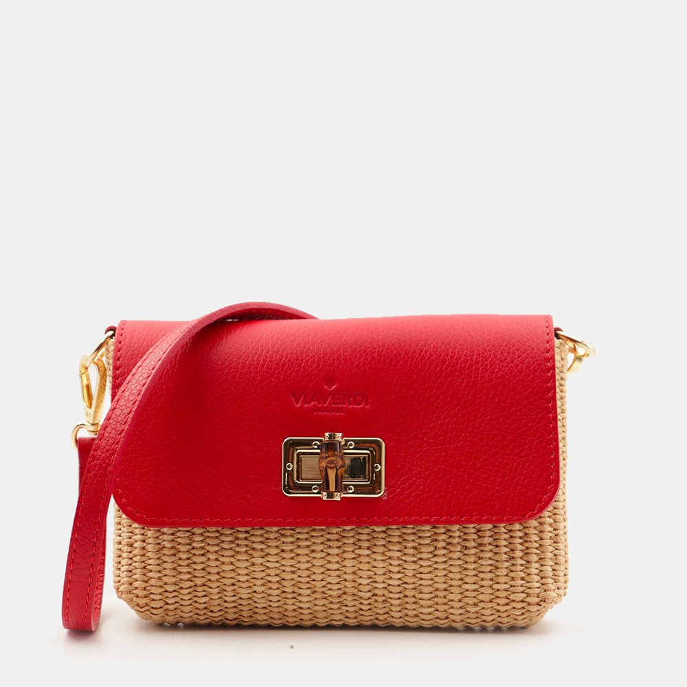 Borsa Clutch a Spalla VIAVERDI in Rafia e Pelle Rossa Made in Italy linea Volterra