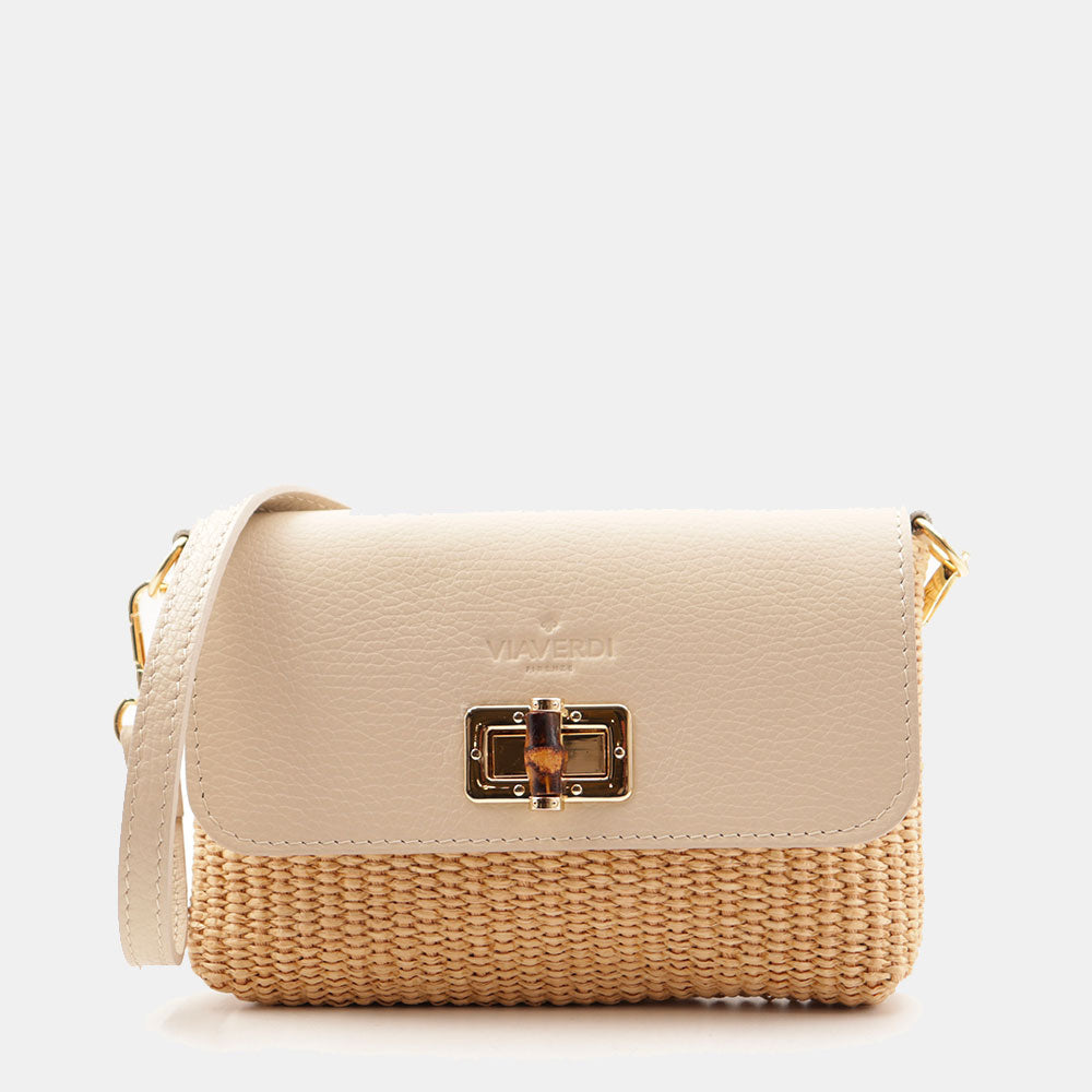 Borsa Clutch a Spalla VIAVERDI in Rafia e Pelle Avorio Made in Italy linea Volterra