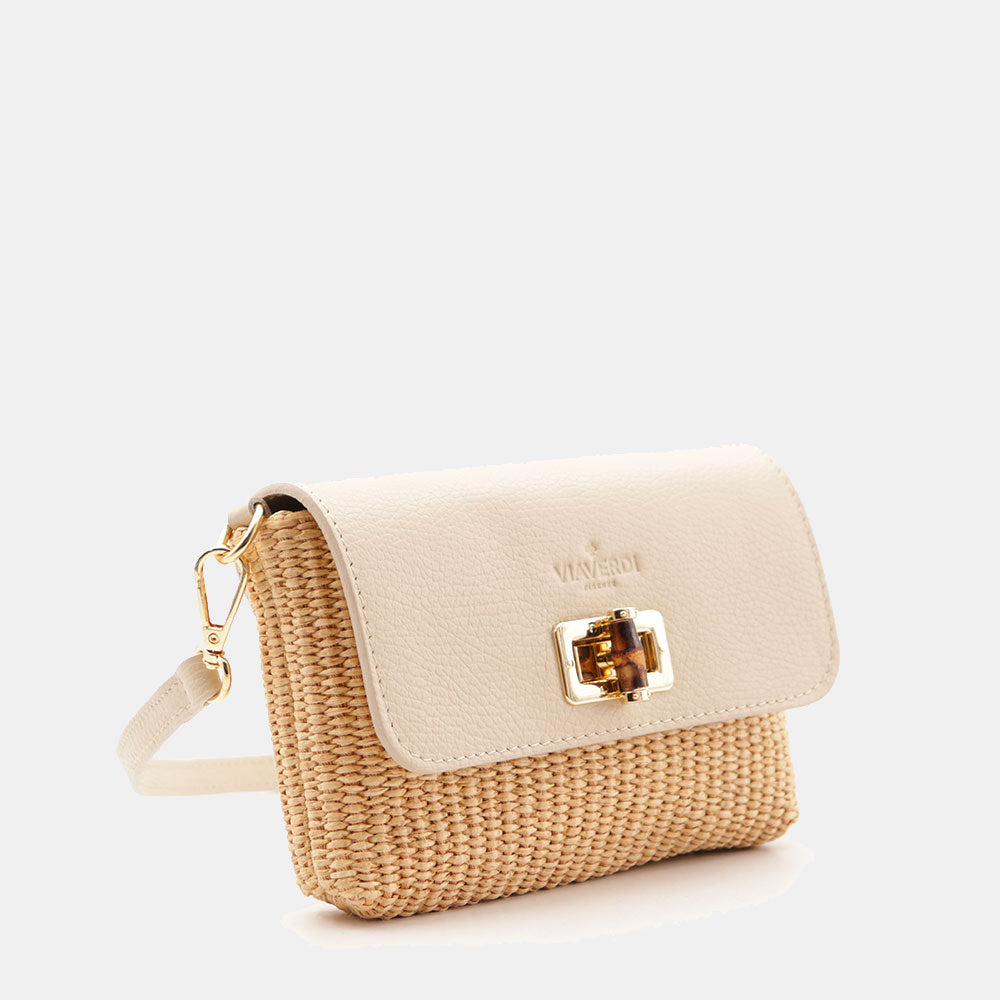 Borsa Clutch a Spalla VIAVERDI in Rafia e Pelle Avorio Made in Italy linea Volterra