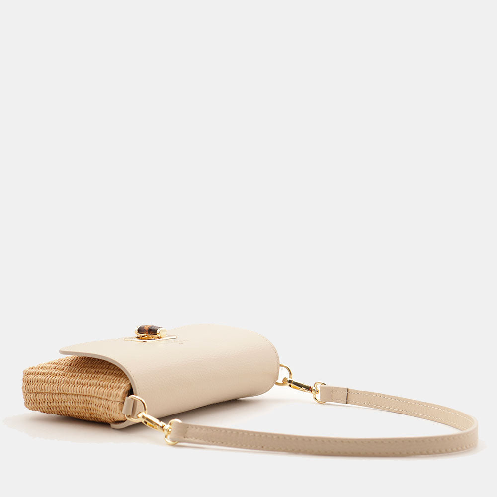 Borsa Clutch a Spalla VIAVERDI in Rafia e Pelle Avorio Made in Italy linea Volterra