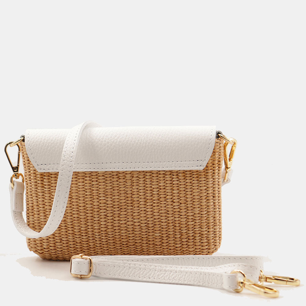 Borsa Clutch a Spalla VIAVERDI in Rafia e Pelle Bianca Made in Italy linea Volterra