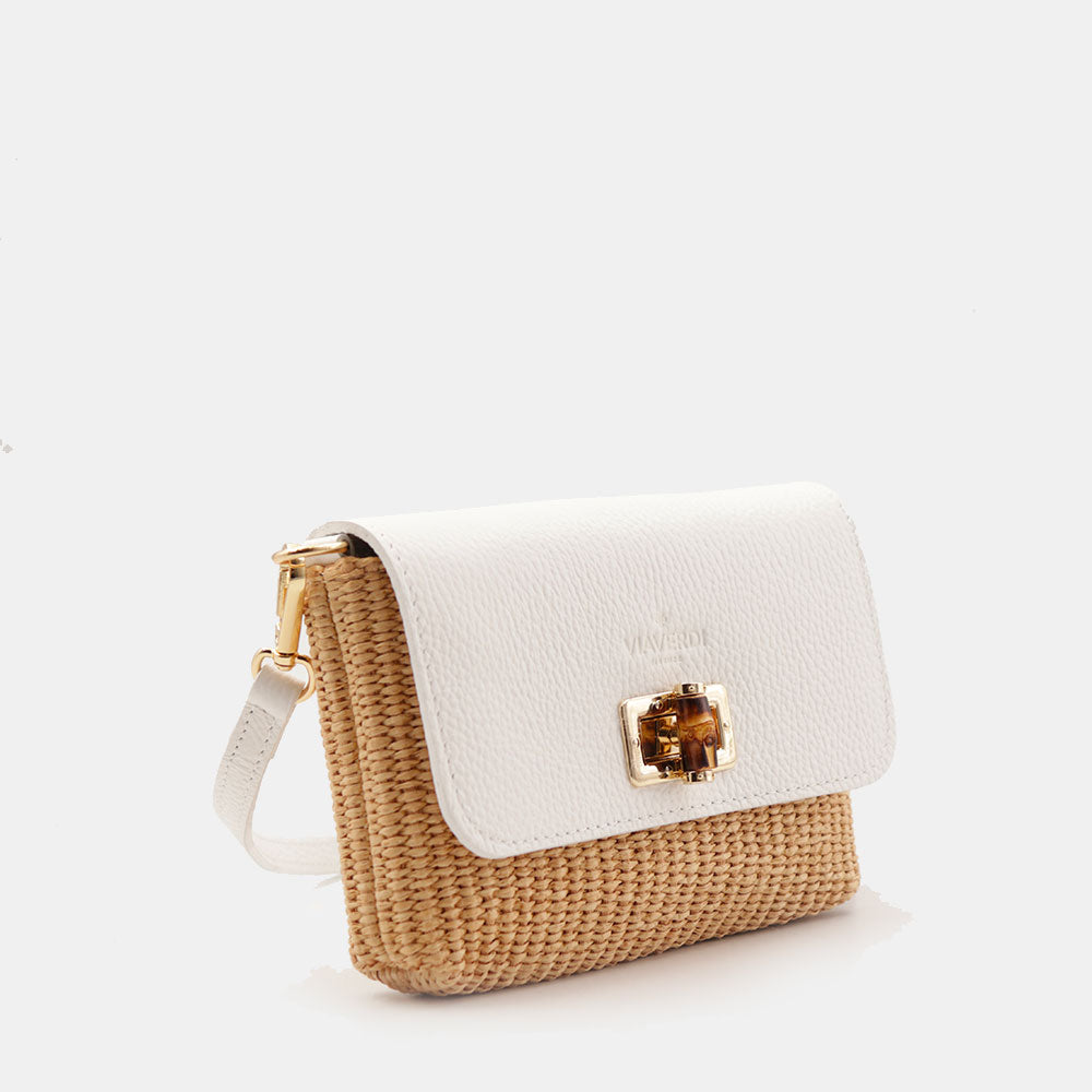 Borsa Clutch a Spalla VIAVERDI in Rafia e Pelle Bianca Made in Italy linea Volterra