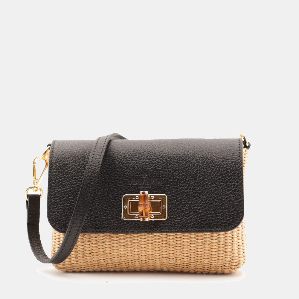 Borsa Clutch a Spalla VIAVERDI in Rafia e Pelle Nera Made in Italy linea Volterra