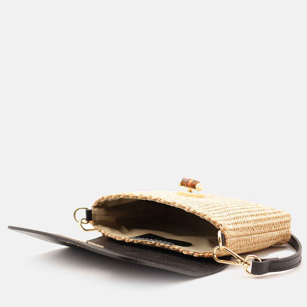 Borsa Clutch a Spalla VIAVERDI in Rafia e Pelle Nera Made in Italy linea Volterra