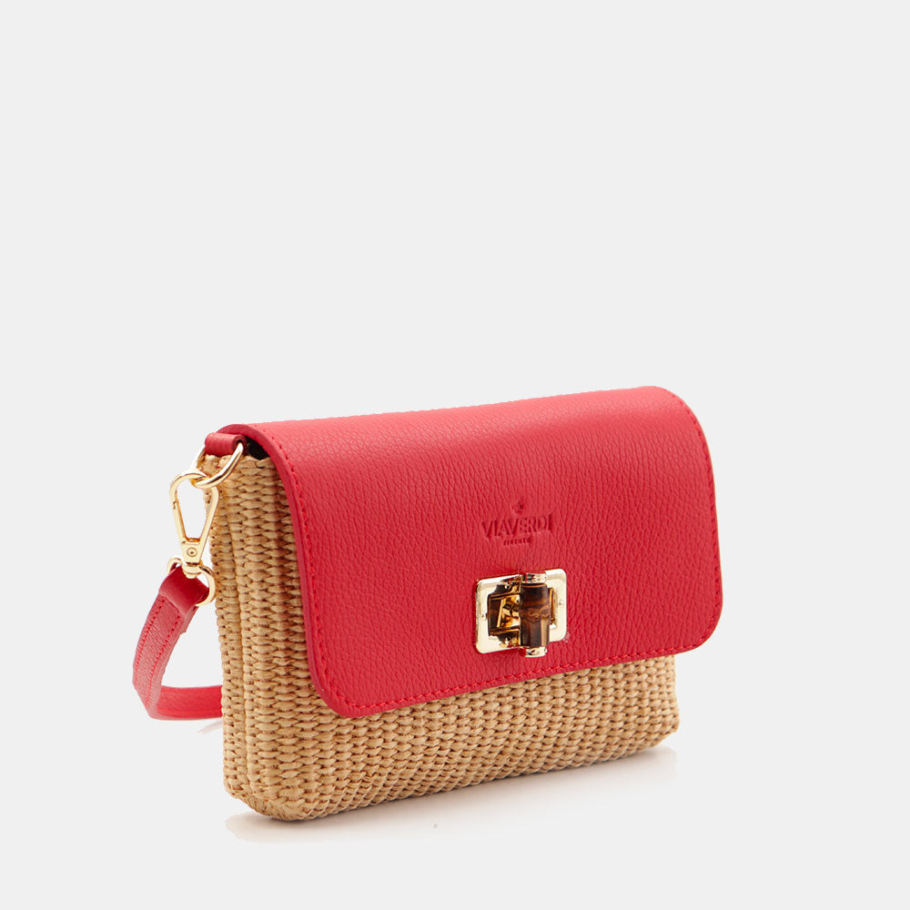 Borsa Clutch a Spalla VIAVERDI in Rafia e Pelle Rossa Made in Italy linea Volterra