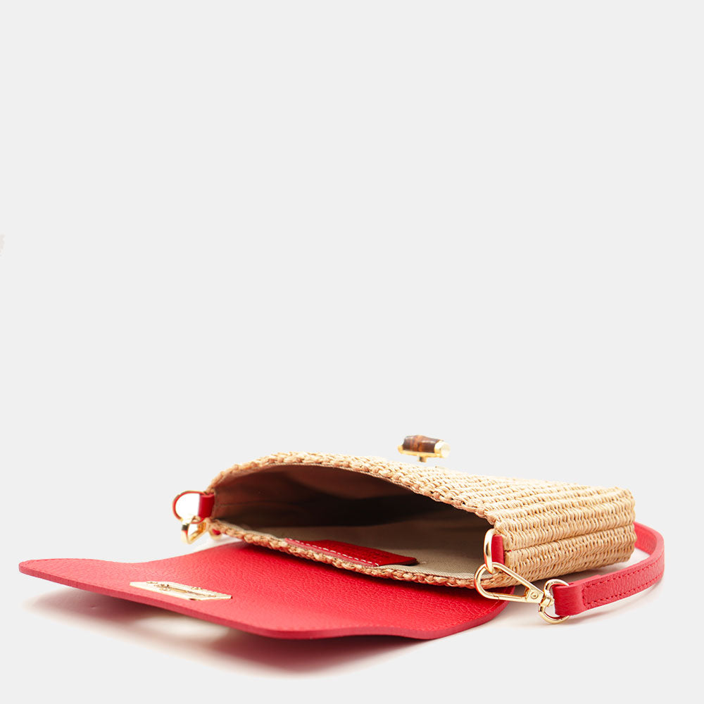 Borsa Clutch a Spalla VIAVERDI in Rafia e Pelle Rossa Made in Italy linea Volterra