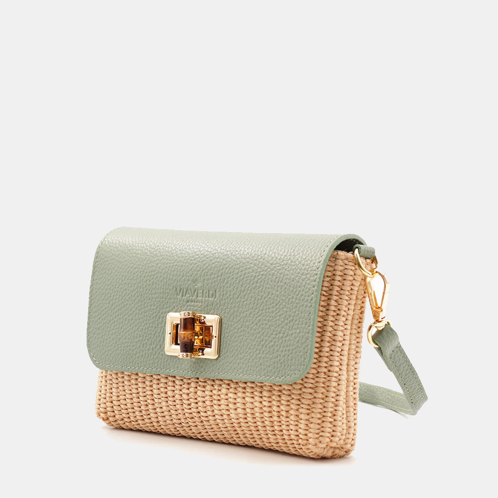 Borsa Clutch a Spalla VIAVERDI in Rafia e Pelle Verde Menta Made in Italy linea Volterra