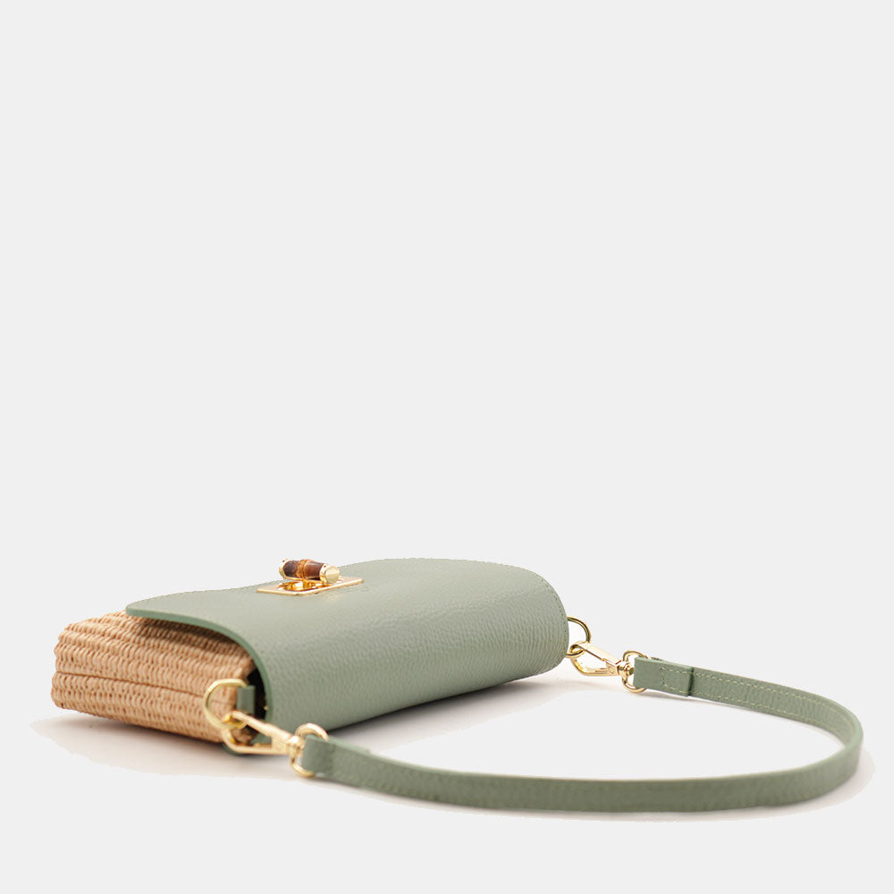 Borsa Clutch a Spalla VIAVERDI in Rafia e Pelle Verde Menta Made in Italy linea Volterra