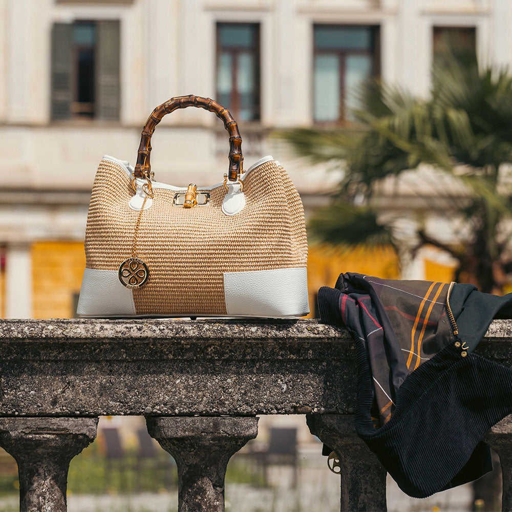 Borsa Grande a Mano VIAVERDI in Rafia e Pelle Bianca Made in Italy linea Volterra