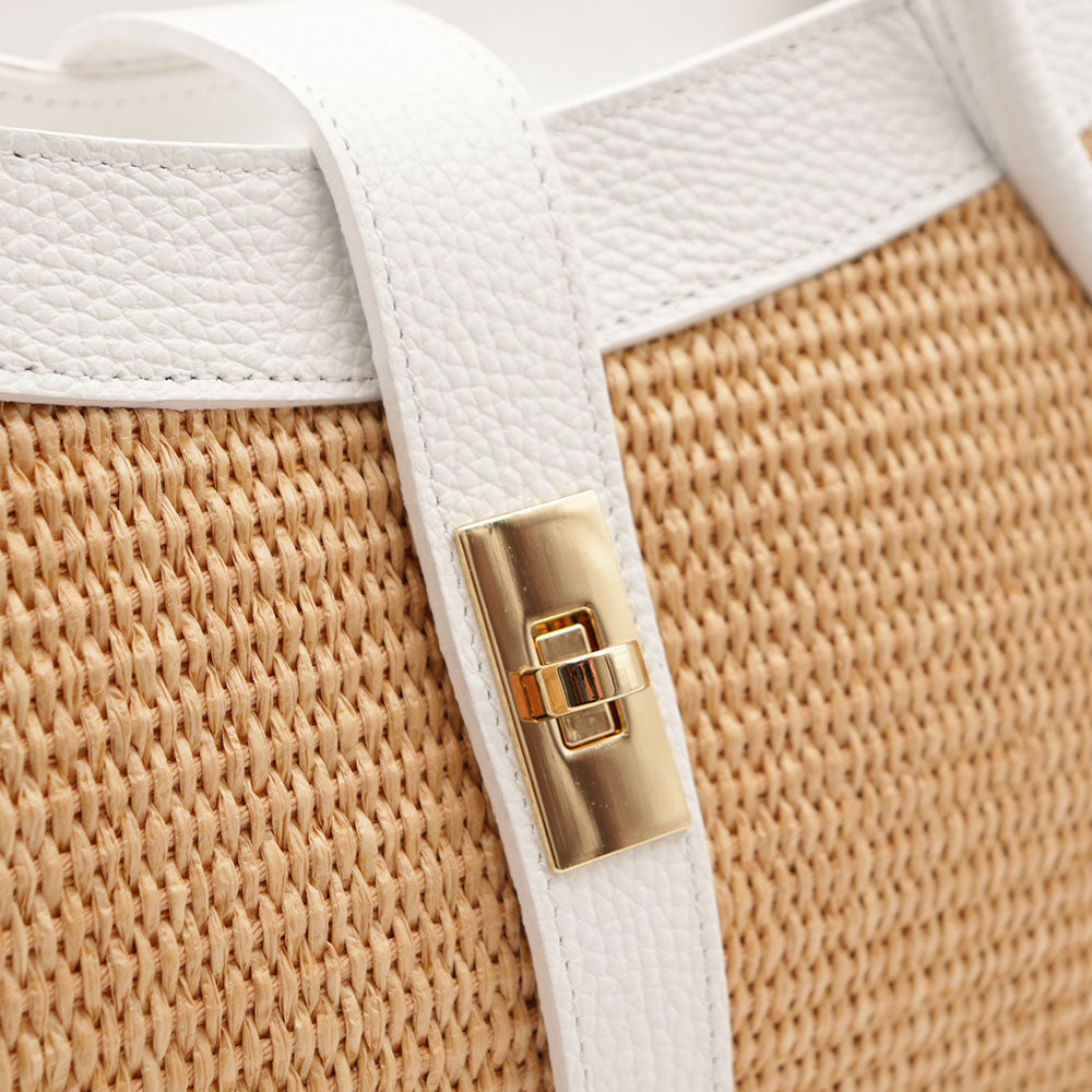 Borsa Donna a Mano VIAVERDI in Rafia e Pelle Bianca Made in Italy linea Cortona