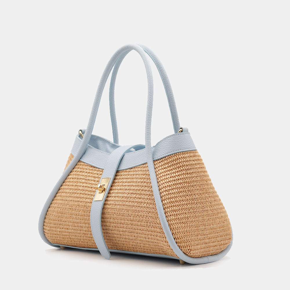 Borsa Donna a Mano VIAVERDI in Rafia e Pelle Celeste Made in Italy linea Cortona