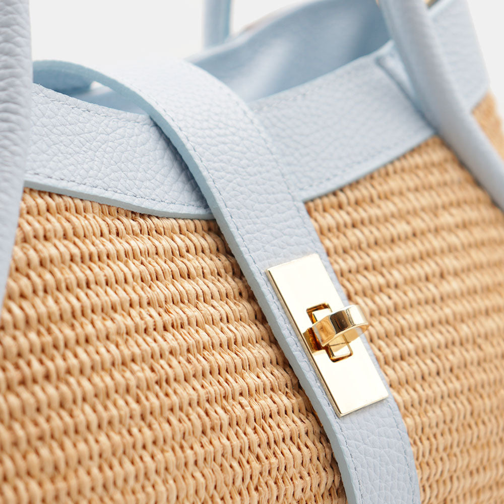 Borsa Donna a Mano VIAVERDI in Rafia e Pelle Celeste Made in Italy linea Cortona