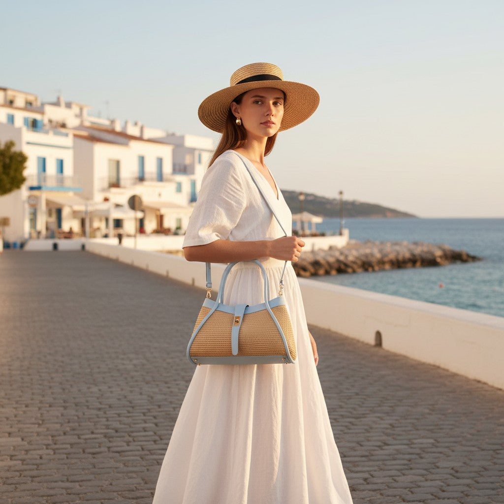 Damen-Handtasche VIAVERDI aus Raphiabast und hellblauem Leder Made in Italy Linie Cortona