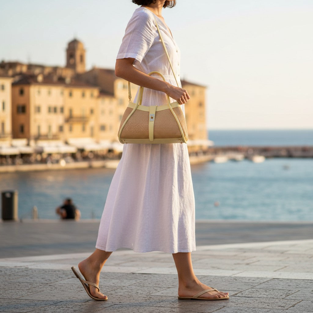 Damen-Handtasche VIAVERDI aus Raphiabast und gelbem Leder Made in Italy Linie Cortona