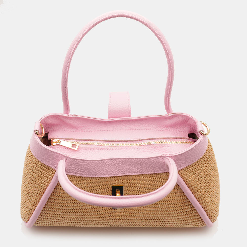 Borsa Donna a Mano VIAVERDI in Rafia e Pelle Rosa Made in Italy linea Cortona