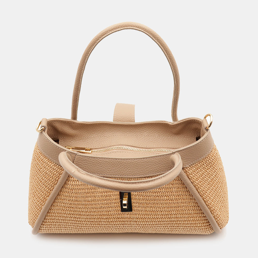 Borsa Donna a Mano VIAVERDI in Rafia e Pelle Taupe Made in Italy linea Cortona