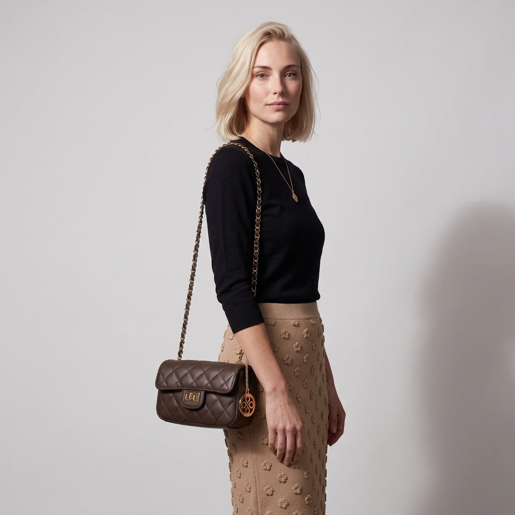 Bolso de hombro pequeño de piel marrón oscuro matelassé ViaVerdi, Made in Italy – línea Saturnia