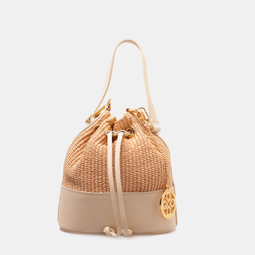 Borsa Donna a Secchiello VIAVERDI in Pelle Avorio e Rafia Made in Italy