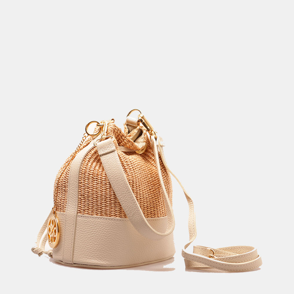 Borsa Donna a Secchiello VIAVERDI in Pelle Avorio e Rafia Made in Italy