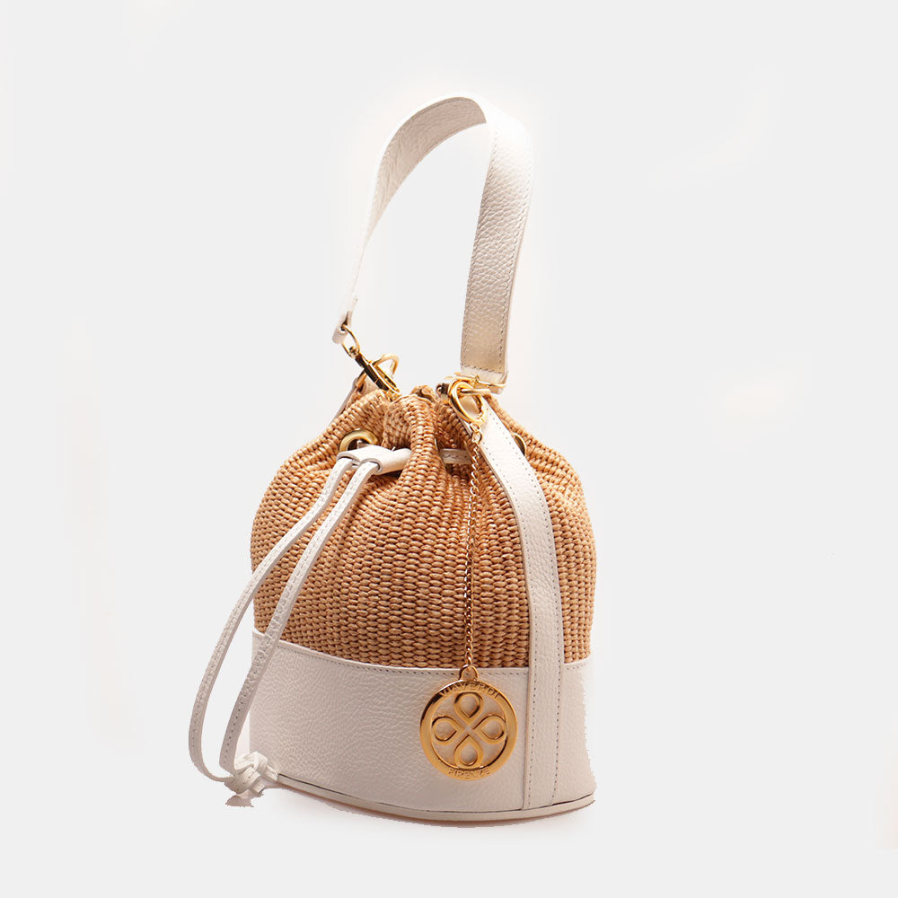 Borsa Donna a Secchiello VIAVERDI in Pelle Bianca e Rafia Made in Italy