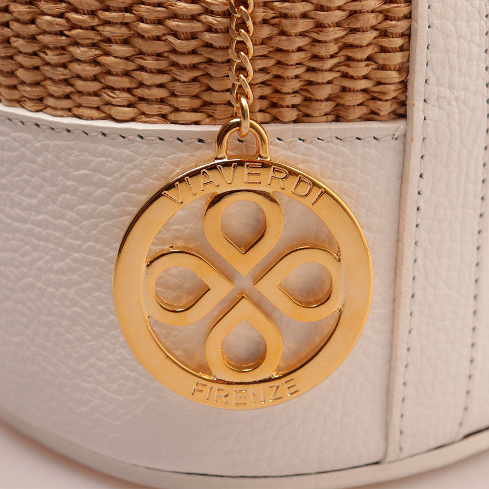 Borsa Donna a Secchiello VIAVERDI in Pelle Bianca e Rafia Made in Italy