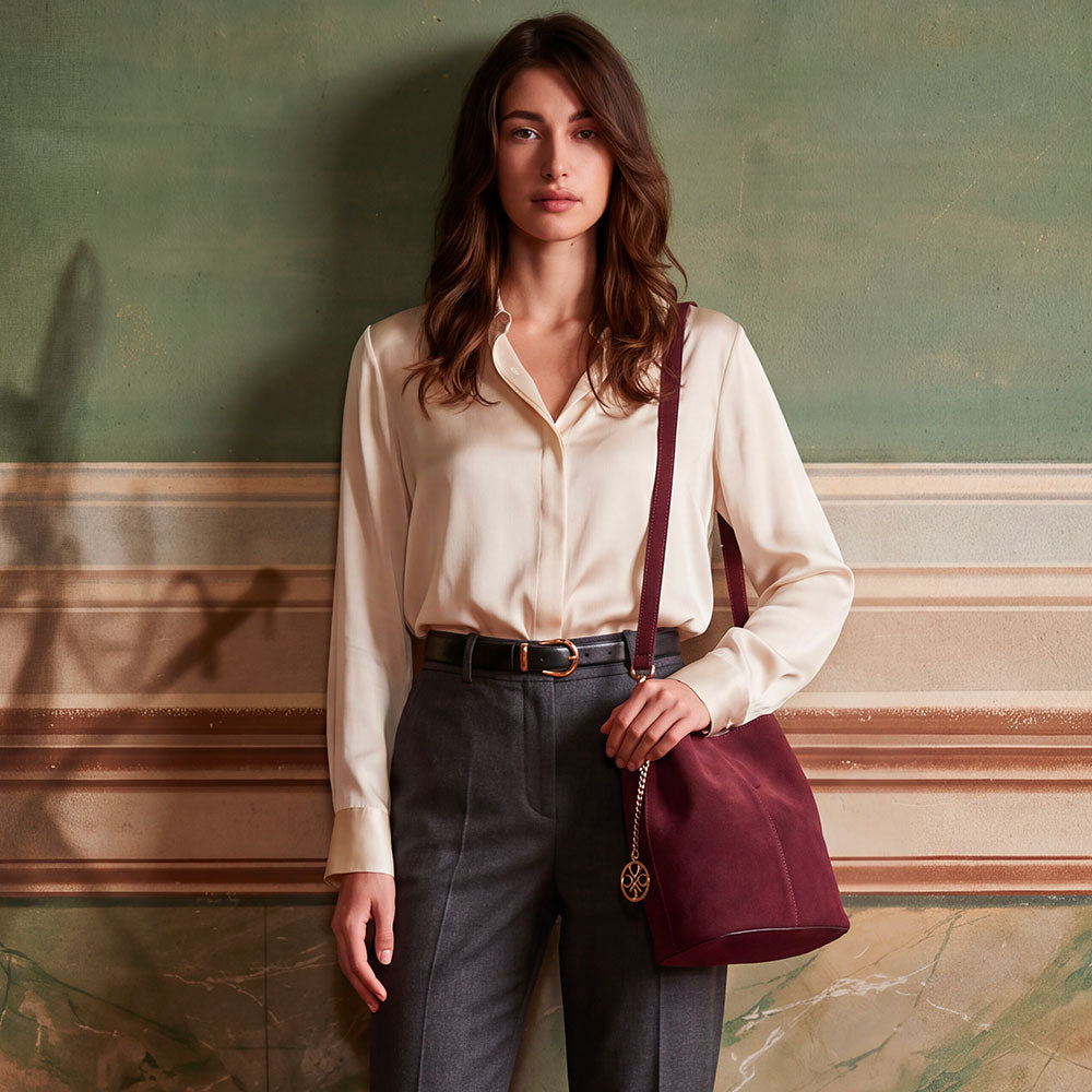 VIAVERDI Bucket Bag with Shoulder Strap in Bordeaux Suede Made in Italy, Capalbio Line