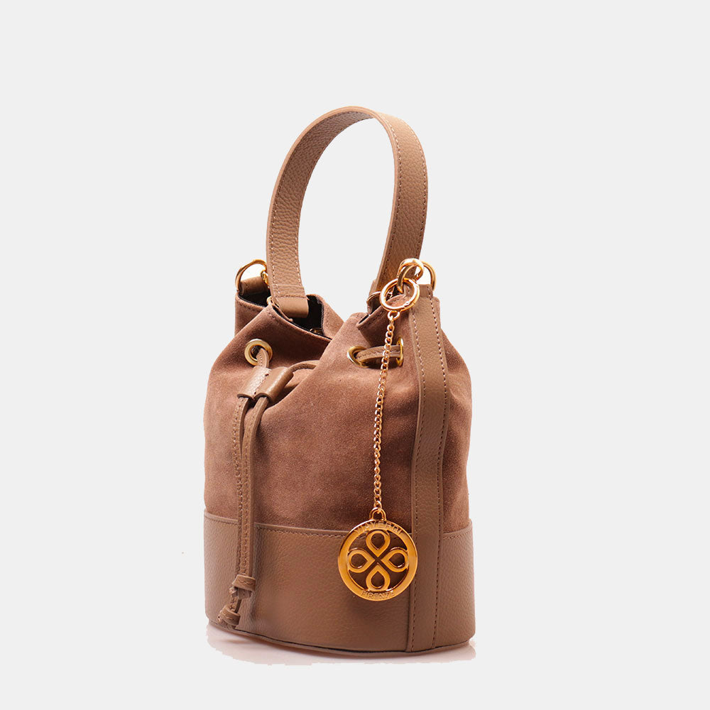 Borsa Donna a Secchiello VIAVERDI in Camoscio e Pelle Taupe Made in Italy linea Cortona