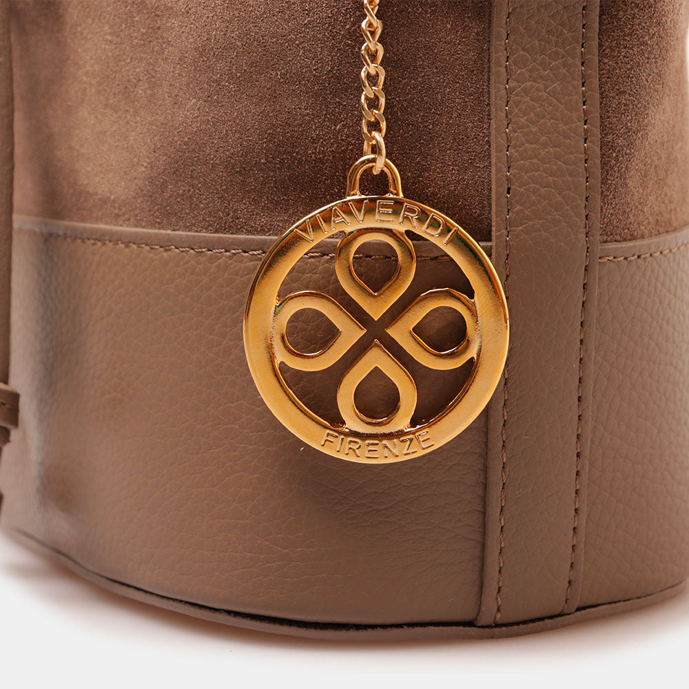 Borsa Donna a Secchiello VIAVERDI in Camoscio e Pelle Taupe Made in Italy linea Cortona