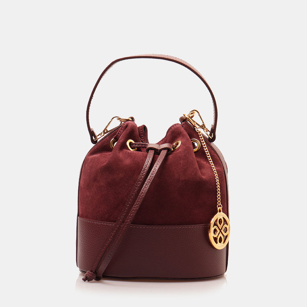 Borsa Donna a Secchiello VIAVERDI in Camoscio e Pelle Bordeaux Made in Italy linea Cortona