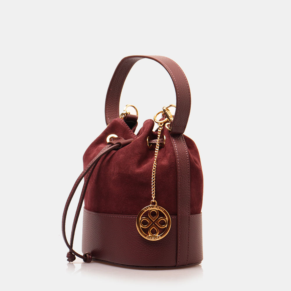 Borsa Donna a Secchiello VIAVERDI in Camoscio e Pelle Bordeaux Made in Italy linea Cortona