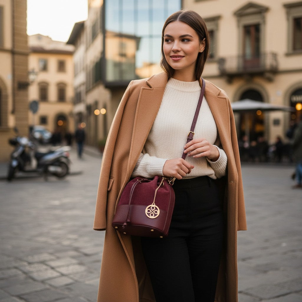 VIAVERDI Women's Bucket Bag in Bordeaux Suede and Leather, Made in Italy, Cortona Line