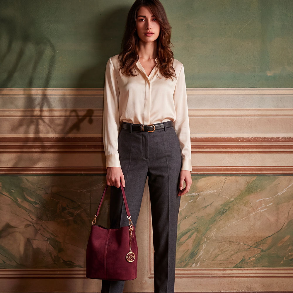 VIAVERDI Bucket Bag with Shoulder Strap in Bordeaux Suede Made in Italy, Capalbio Line
