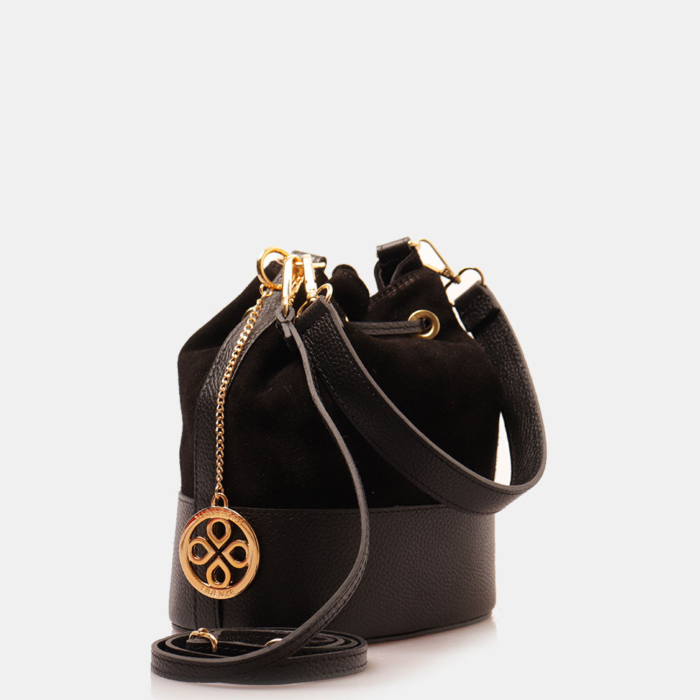 Borsa Donna a Secchiello VIAVERDI in Camoscio e Pelle Nero Made in Italy linea Cortona