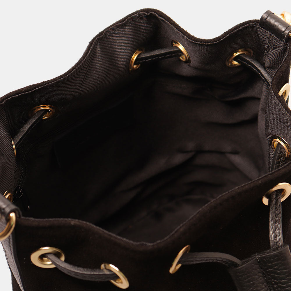 Borsa Donna a Secchiello VIAVERDI in Camoscio e Pelle Nero Made in Italy linea Cortona