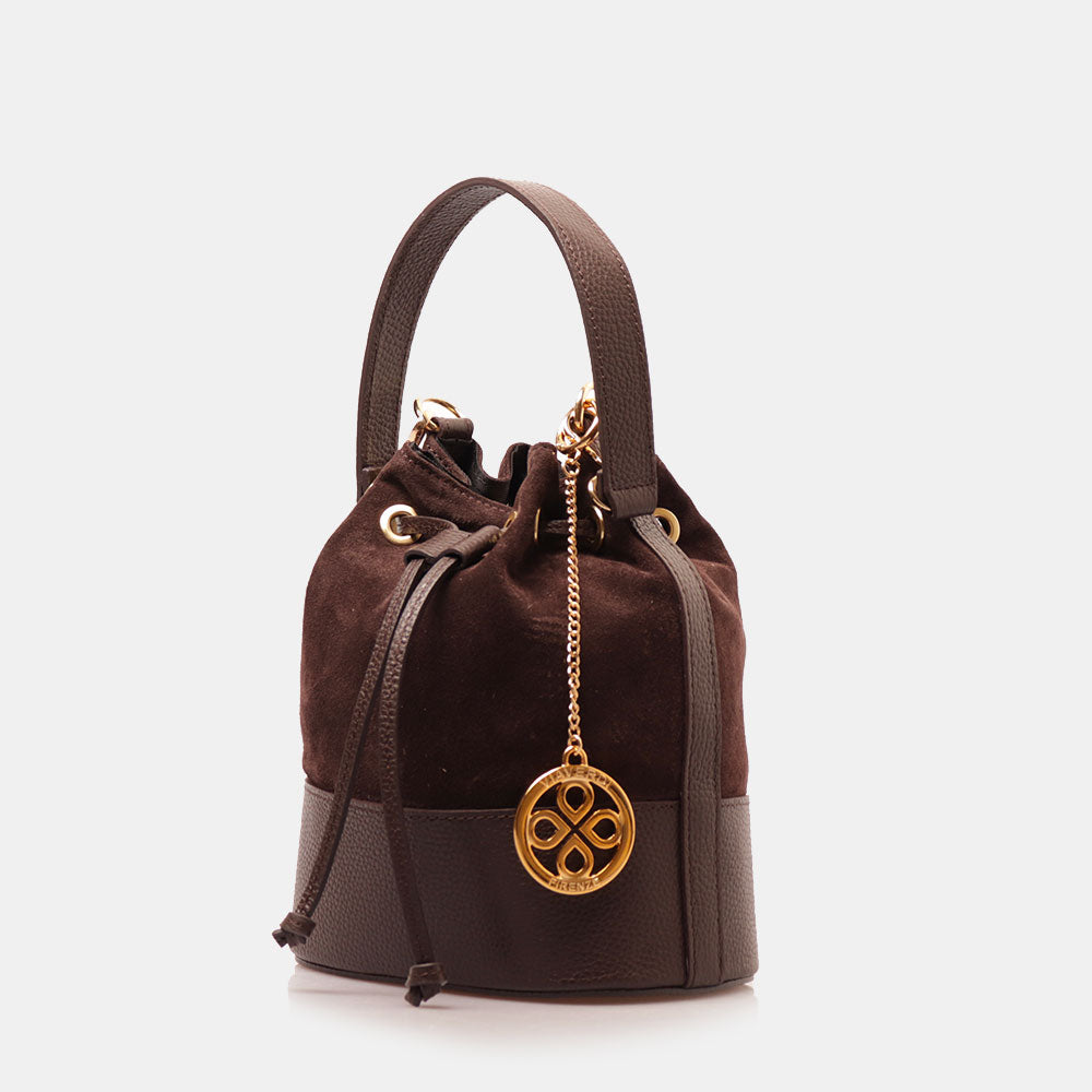 Borsa Donna a Secchiello VIAVERDI in Camoscio e Pelle Testa di Moro Made in Italy linea Cortona