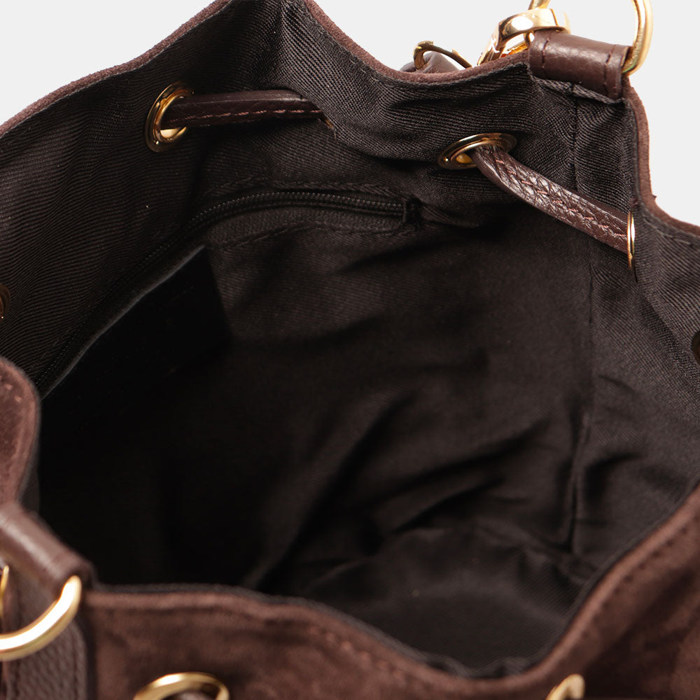 Borsa Donna a Secchiello VIAVERDI in Camoscio e Pelle Testa di Moro Made in Italy linea Cortona