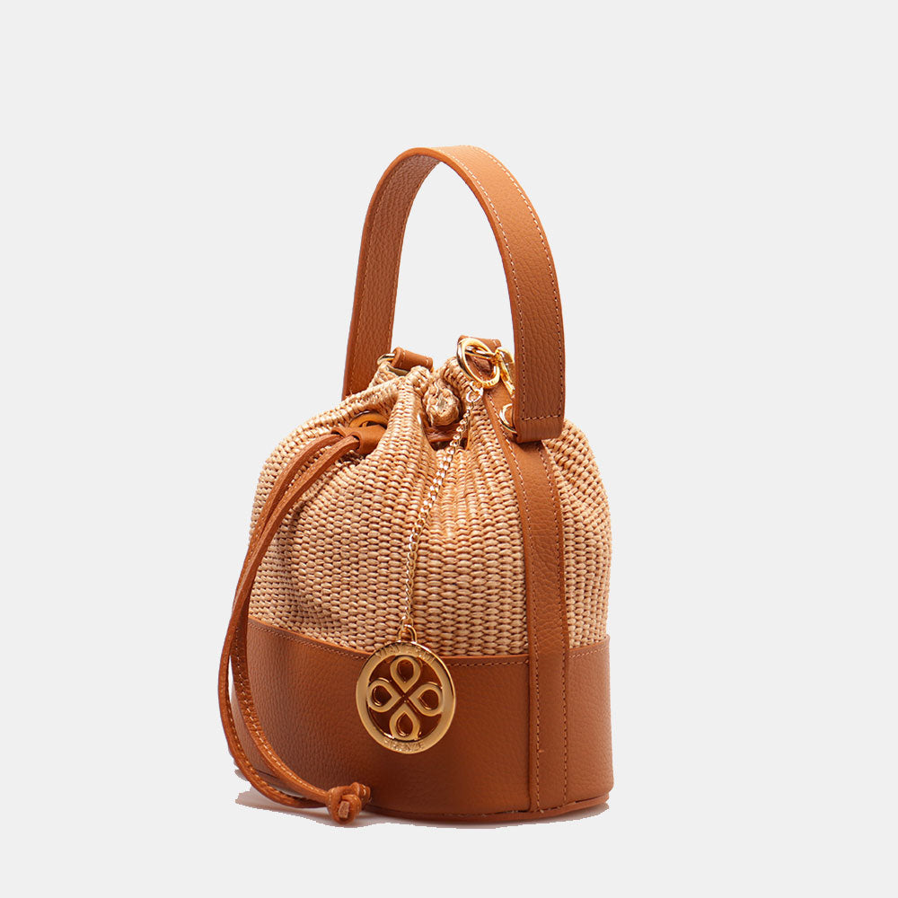 Borsa Donna a Secchiello VIAVERDI in Pelle color Cuoio e Rafia Made in Italy