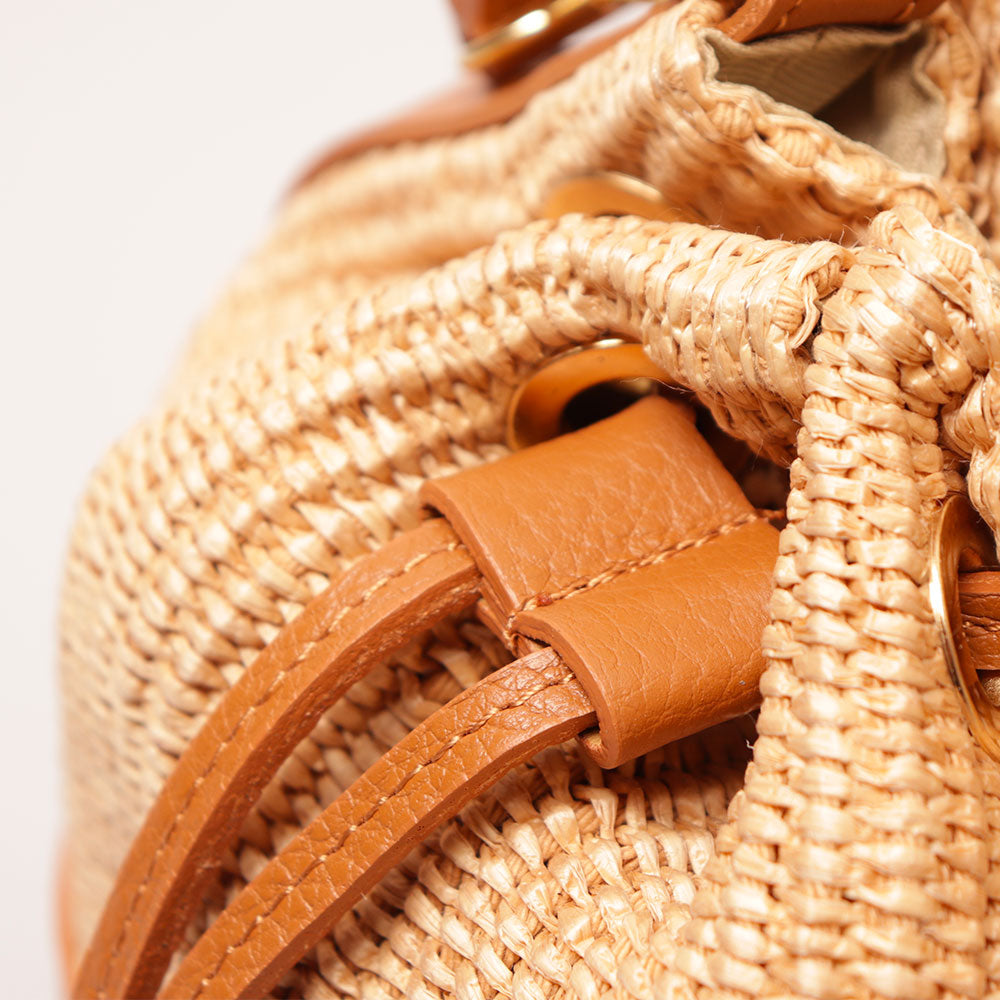 Borsa Donna a Secchiello VIAVERDI in Pelle color Cuoio e Rafia Made in Italy