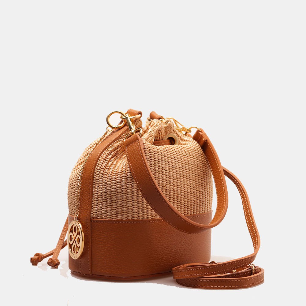 Borsa Donna a Secchiello VIAVERDI in Pelle color Cuoio e Rafia Made in Italy