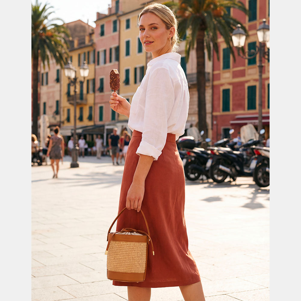 Borsa Secchiello a Mano VIAVERDI in Rafia e Pelle color Cuoio Made in Italy linea Pienza