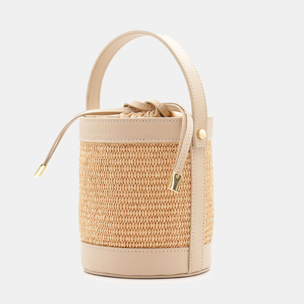 Borsa Secchiello a Mano VIAVERDI in Rafia e Pelle Beige Made in Italy linea Pienza
