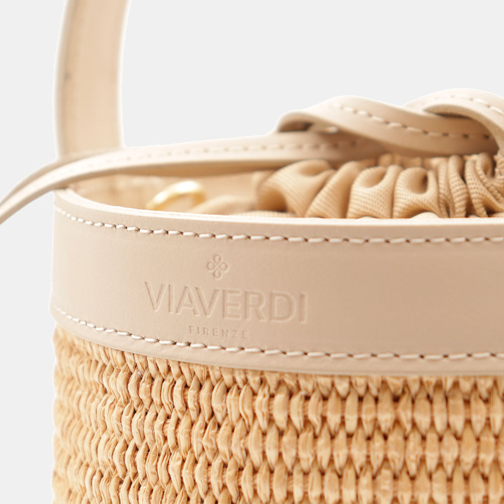 Borsa Secchiello a Mano VIAVERDI in Rafia e Pelle Beige Made in Italy linea Pienza