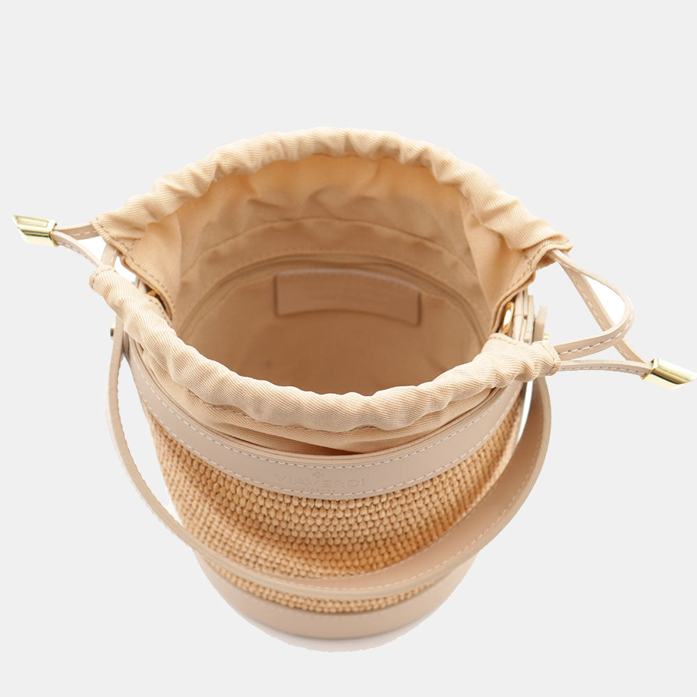 Borsa Secchiello a Mano VIAVERDI in Rafia e Pelle Beige Made in Italy linea Pienza