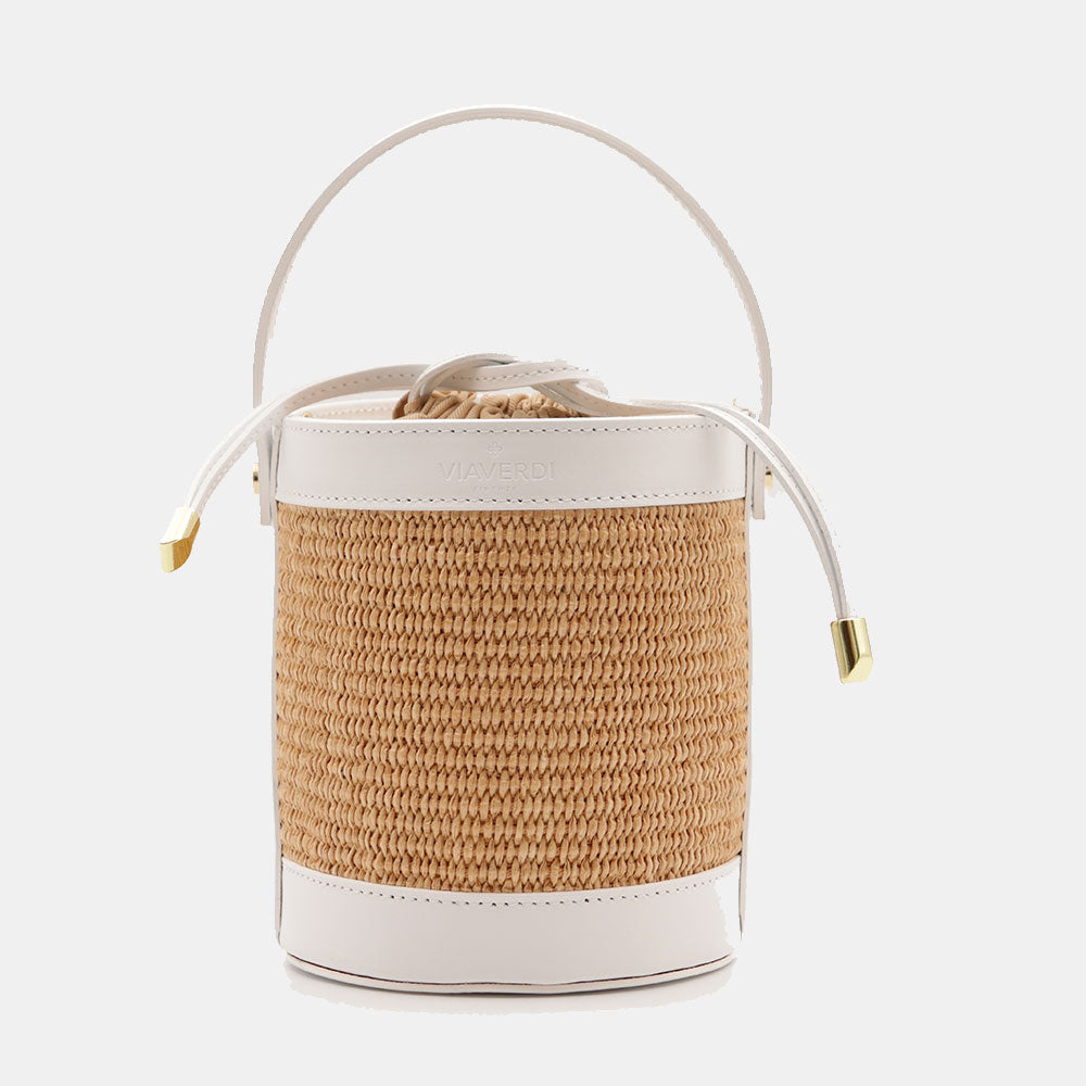 Borsa Secchiello a Mano VIAVERDI in Rafia e Pelle Bianca Made in Italy linea Pienza